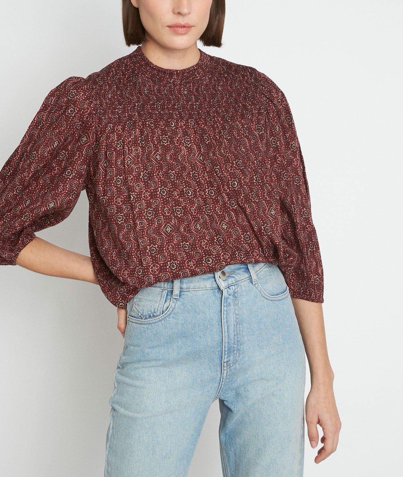 Top smocké imprimé bordeaux Lucie Faume - seconde main