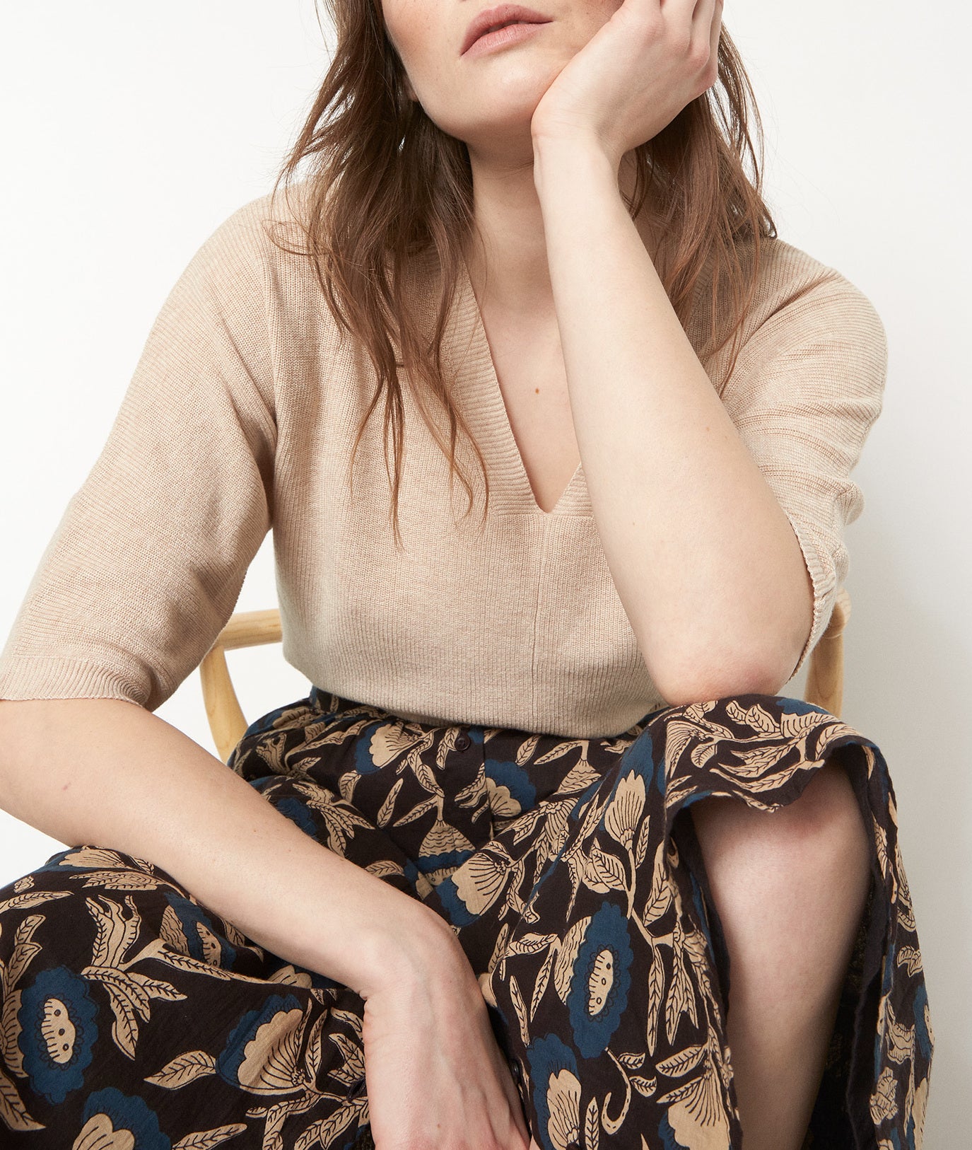 Pull col V en lyocell tencel, coton et lin blé Paj Faume - seconde main