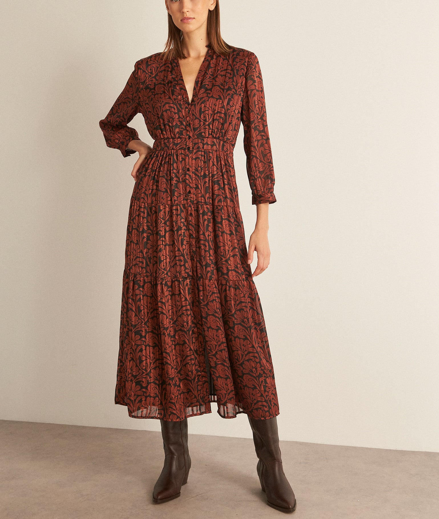 Robe longue imprimée brique Carola Faume - seconde main