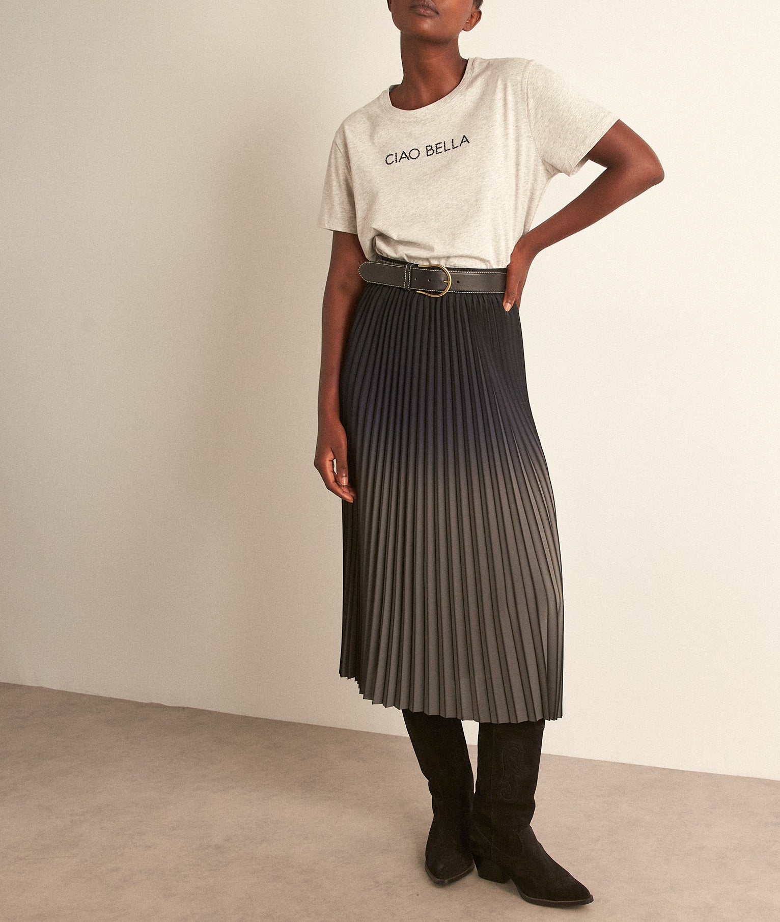 Jupe mi-longue plissée tie and dye grise Fatel Faume - seconde main