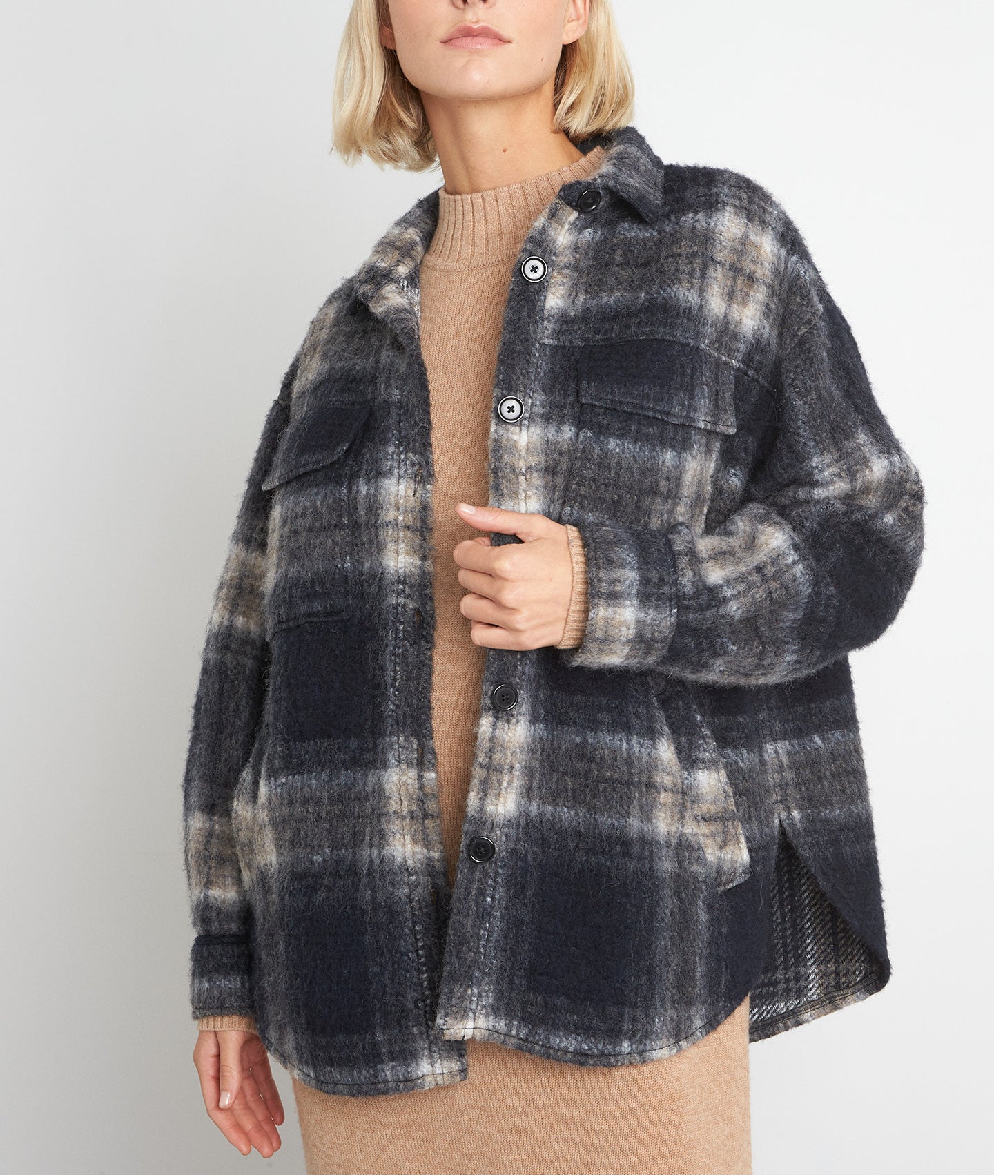 Surchemise à carreaux en laine bleu marine Rita Faume - seconde main