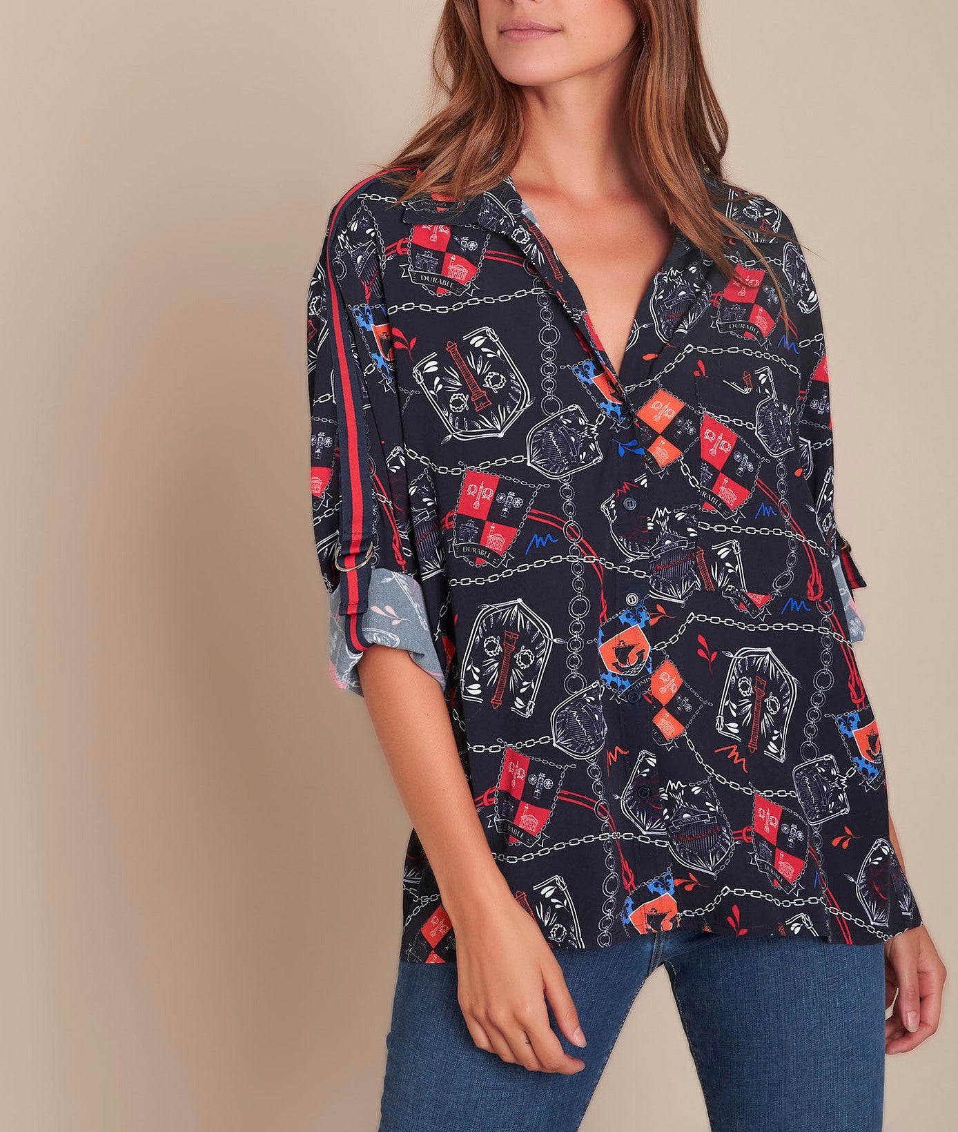 Chemise marine imprimé écussons Cathleen Faume - seconde main