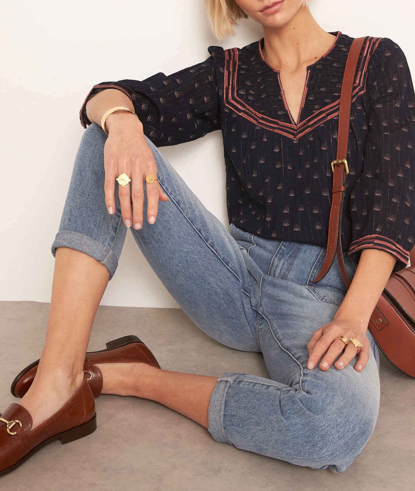 Blouse brodée imprimée en coton noir Leonne Faume - seconde main