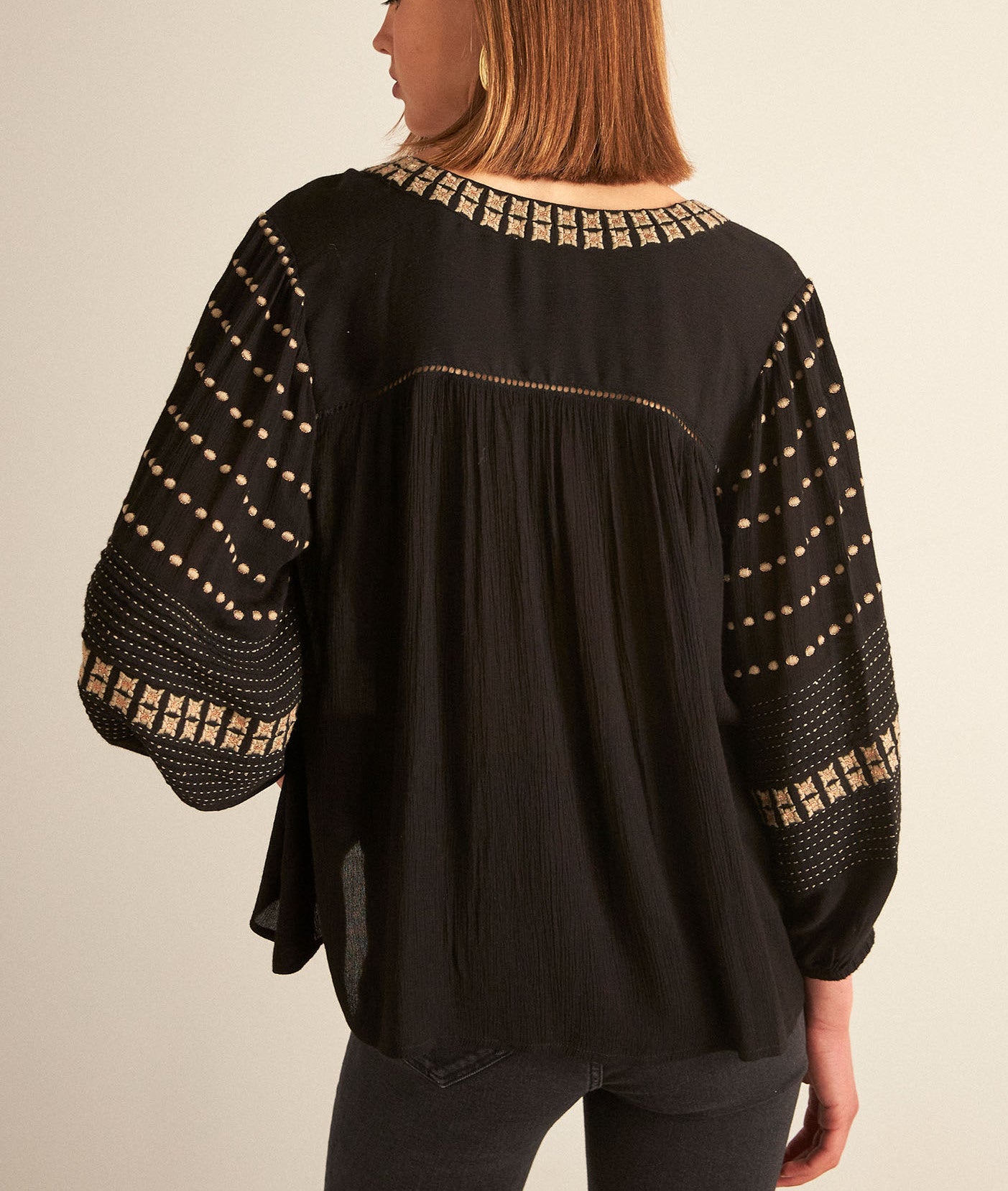 Blouse brodée ethnique noire CALLAS Faume - seconde main