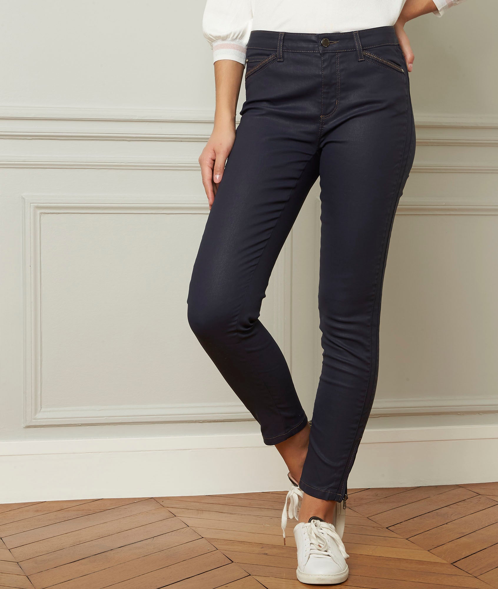 Jean marine enduit slim détails zip 7/8 Opéra Faume - seconde main