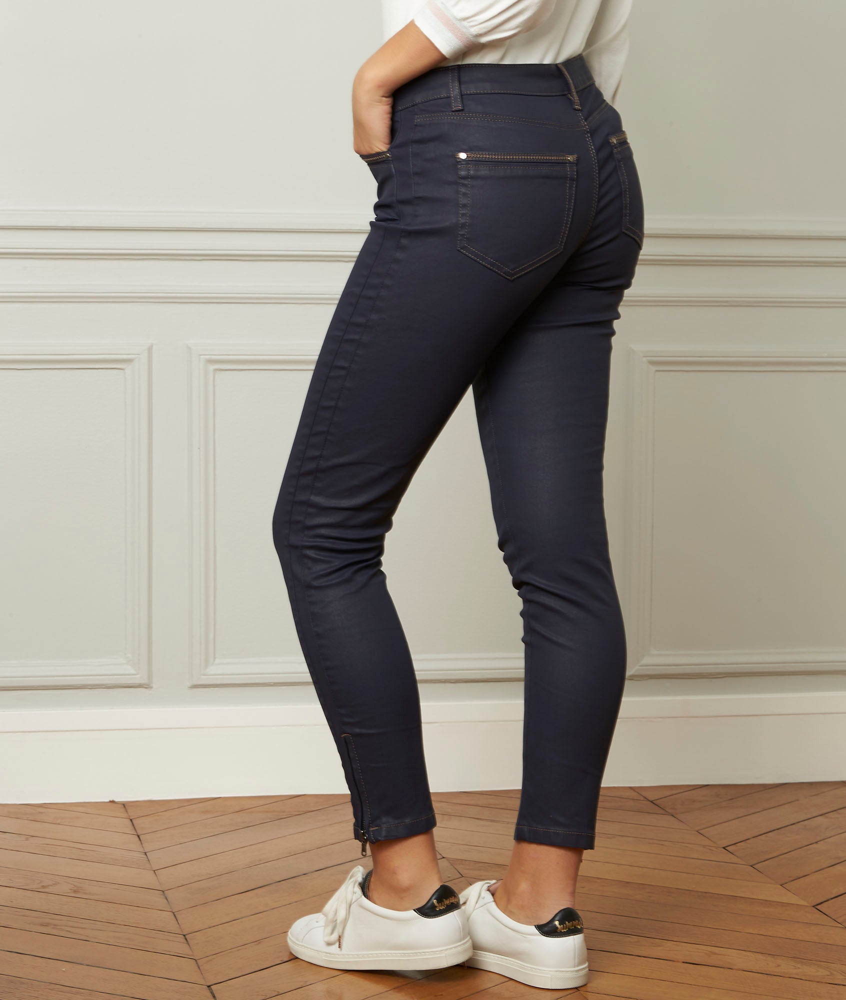 Jean marine enduit slim détails zip 7/8 Opéra Faume - seconde main
